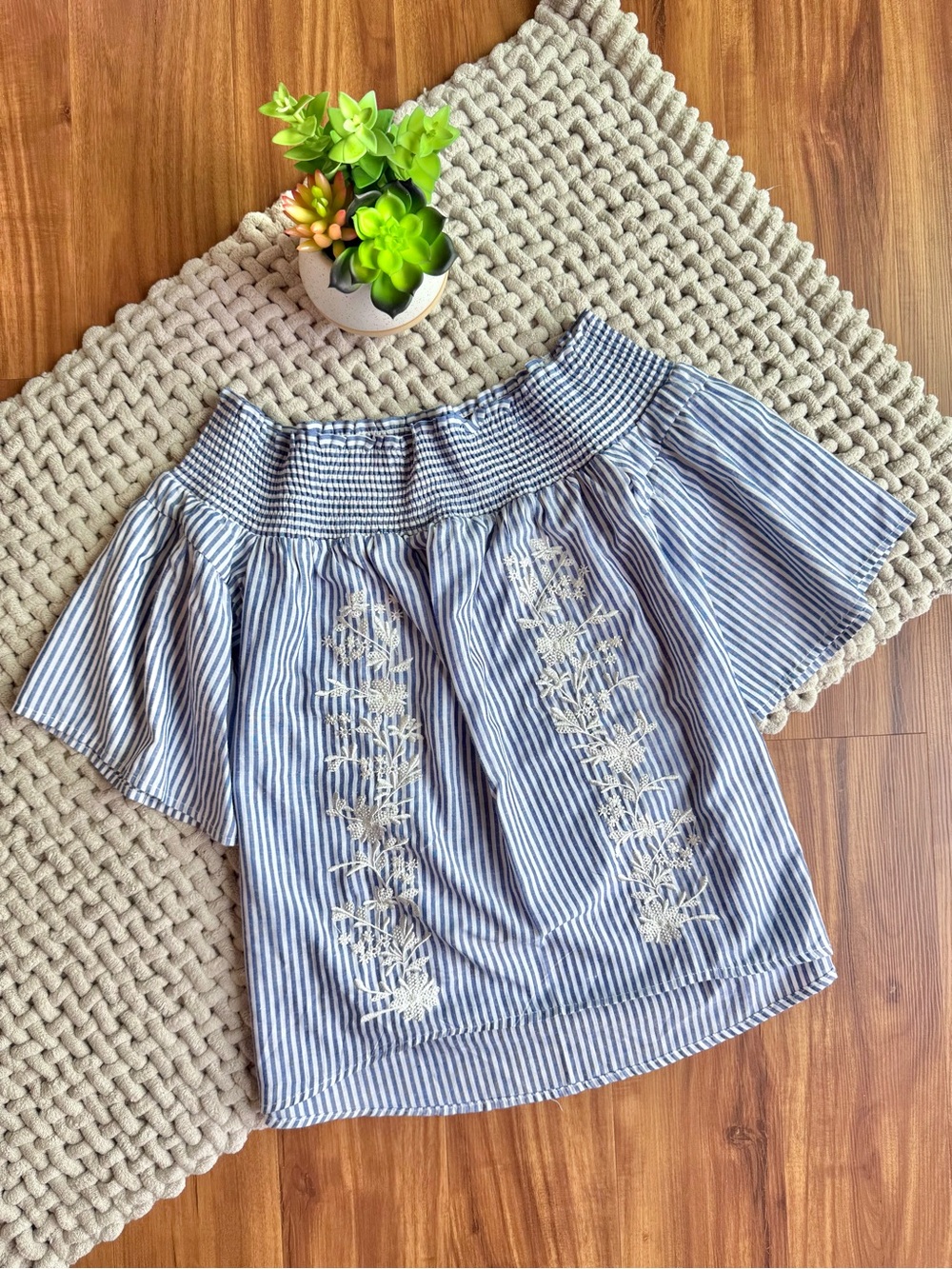 Listicle | Women’s Striped Off the Shoulder Smocked Neck Embroidered Top | Small